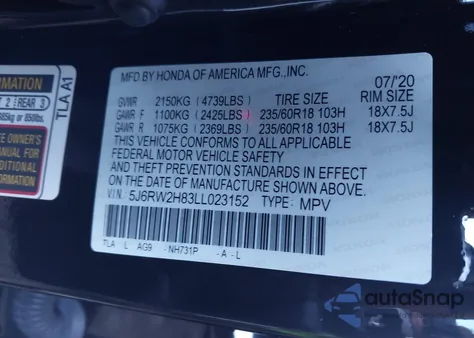 2020 Honda Cr-V Awd Ex-L из США, поврежденный, VIN 5J6RW2H83LL023152